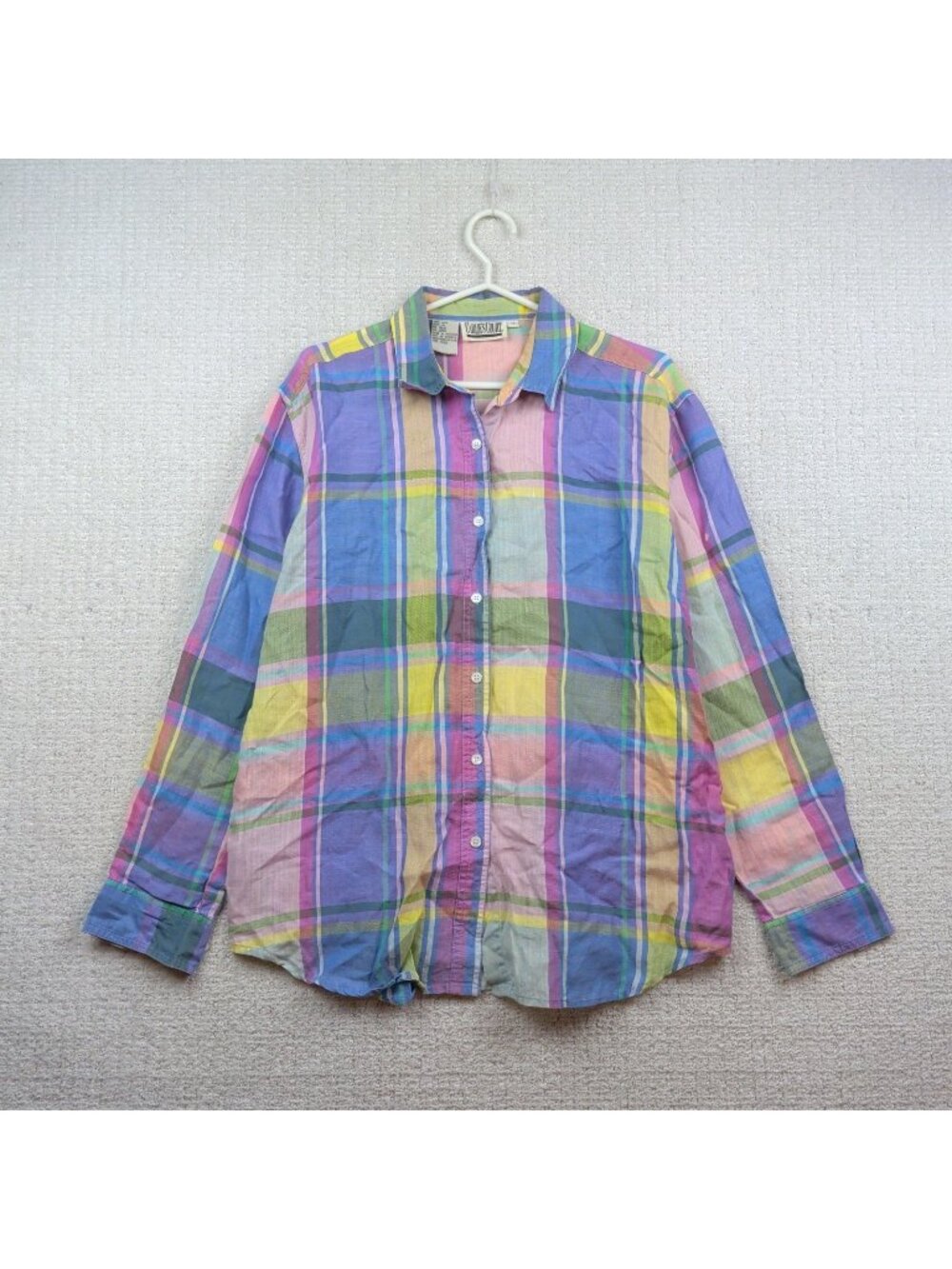 VTG Carlie's Court Linen Button Up Shirt Women Size 14 Pastel Plaid Boho Artsy